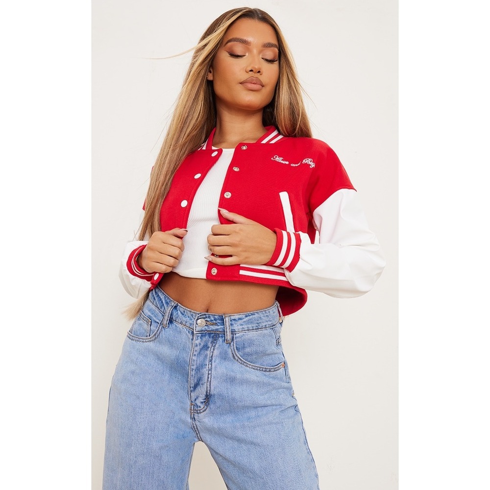 NWT PRETTYLITTLETHING Red & White Varsity Cropped Bomber Jacket  Size S‎ - Picture 2 of 12